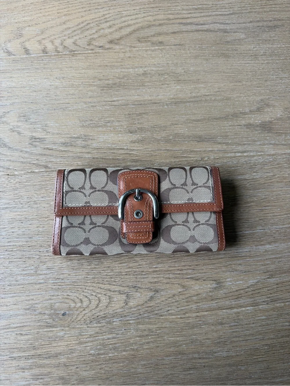 Coach Brown Signature Canvas & Leather Buckle Wallet